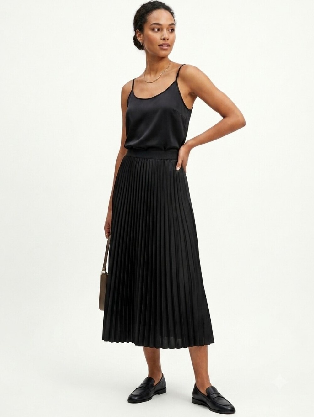 Theory x Uniqlo Pleated Accordion Asymmetrical Satin Midi Skirt Small Black Boho